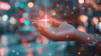 A hand holds a plus icon for medical care, indicating advantages. Health insurance health concept featuring access to welfare health and room for content. hyper realistic 