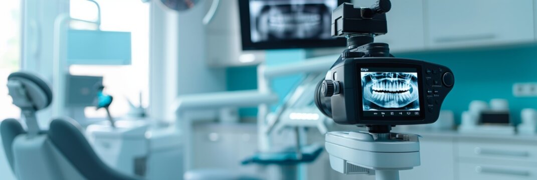 Close-up of modern dental camera system equipment with a chair and screens in a clean dentist's office