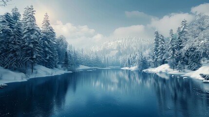 A transparent blue river and forest with snow scenery. Beautiful winter scenery background. Natural and seasonal landscape concept. hyper realistic 
