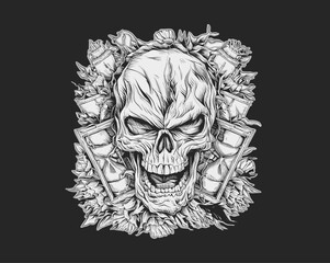 Skull with a knife and roses in the background vintage vector, Generative AI
