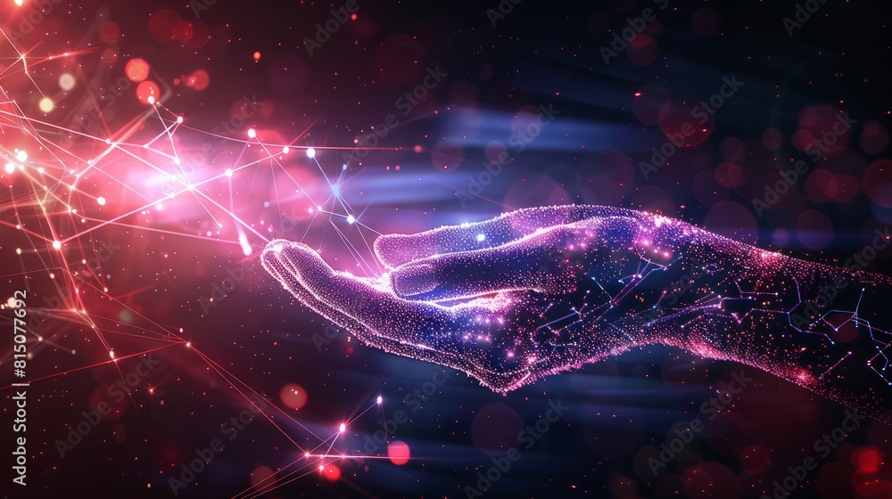 Poster abstract background of hands touching digital transformation virtual screen. technology connection d