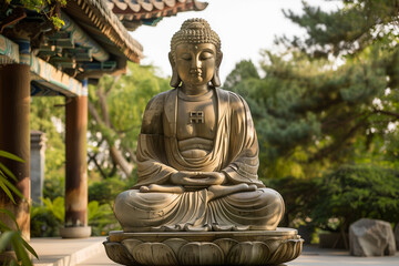 majestic statue of Sakyamuni Buddha at the Eight Great Temples in Beijing, capturing its serene and profound presence. Spiritual and cultural richness of this iconic landmark, enti