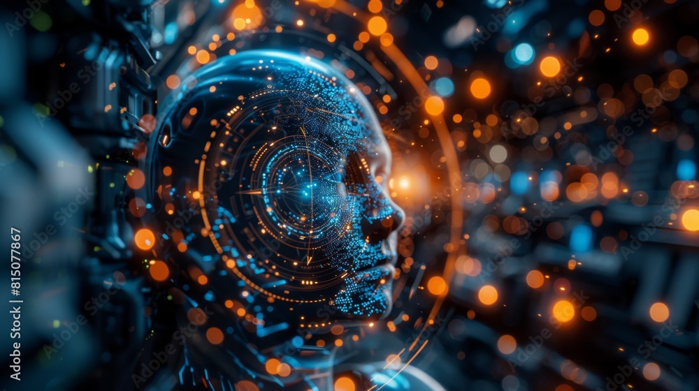Poster a mans face is shown with a futuristic interface in the background, displaying digital data and grap