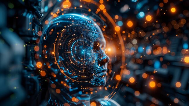 A mans face is shown with a futuristic interface in the background, displaying digital data and graphics.