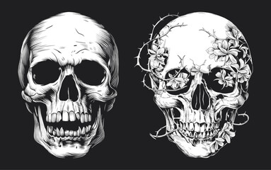 Scary skull with flowers vintage vector, Generative AI