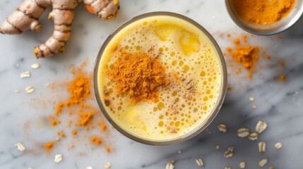 Golden Turmeric Milk in Glass on Marble Surface with Ingredients