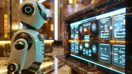 Zoom in on a luggage-lifting robot's control screen, portrait, selective focus, in the hotel's lobby, vibrant, Composite, against a backdrop of digital hotel directories
