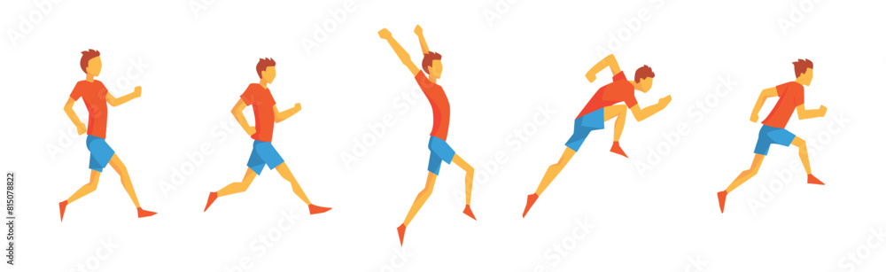 Poster man run marathon race moving fast and sprinting vector set