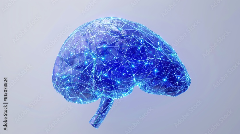 Aufkleber a 3d rendering of a brain made of blue polygons and points of light.