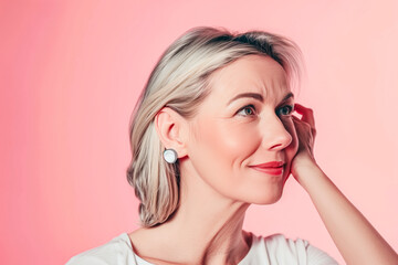 Fototapeta premium Blond woman wearing earrings on pink background