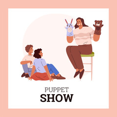 Vector image of a puppet theater: girl with fabulous puppets shows a performance to a teenage