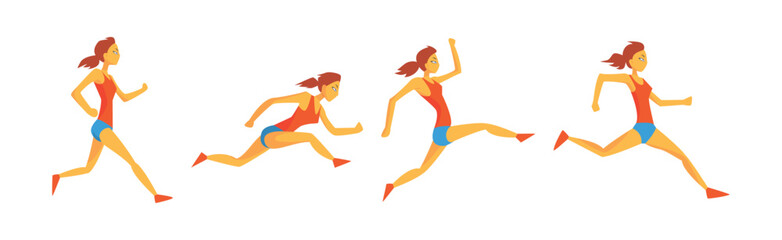 Woman Run Marathon Race Moving Fast and Sprinting Vector Set