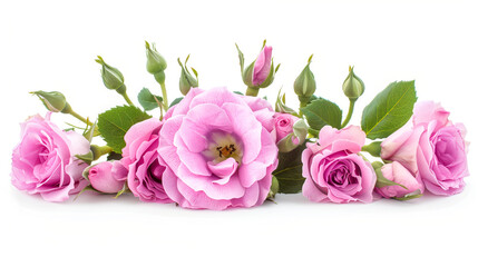 Pink roses with green leaves on white surface