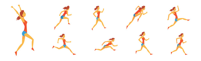 Woman Run Marathon Race Moving Fast and Sprinting Vector Set