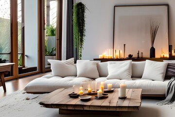 Modern boho interior of living room in cozy apartment. Simple cozy living room interior with white sofa, decorative pillows, wooden table with candles .