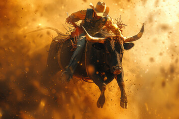 Rodeo bull. Traditional extreme sport of North America. A cowboy tries to stay on the back of a bull. Mexico, USA