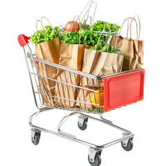 Trolley Shopping cart full vegetables Groceries in shopping bags isolated on transparent background online shopping concept