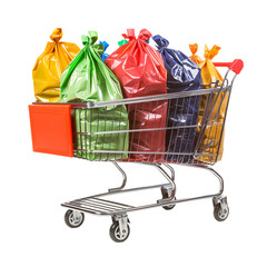 Colorful polyethene shopping bags and cleaning in shopping trolley hopping cart toy decor with lots of pastel colored shopping bags isolated on transparent background online Sale and shopping concept