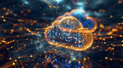 Digital informational technology web futuristic hologram with cloud icon, blue golden light digits and code background, cloud computing. Abstract Motion of digital data flow. Generative AI