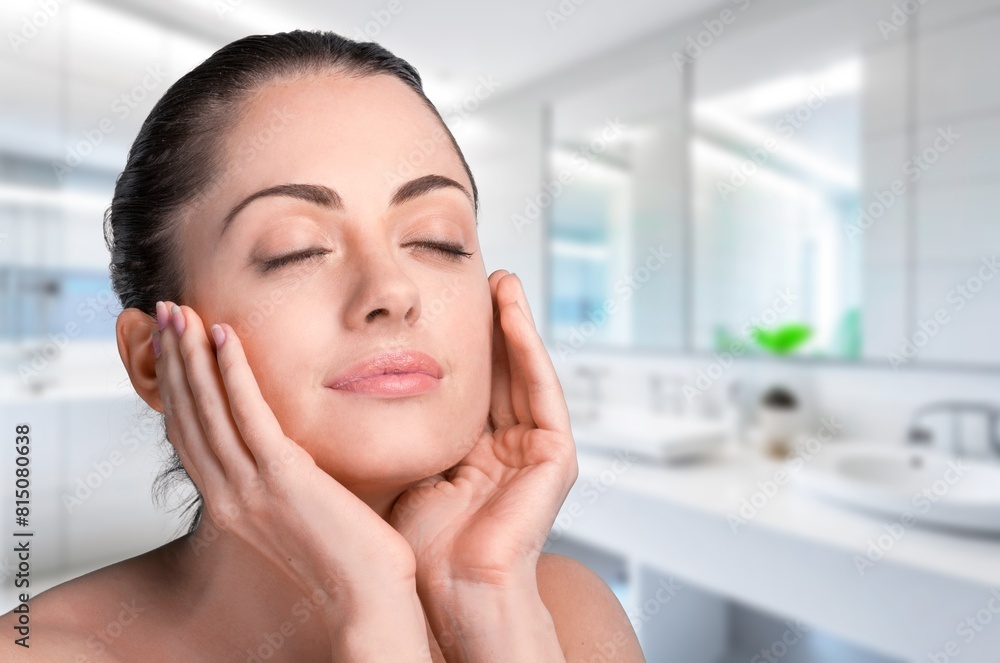 Canvas Prints Portrait of happy woman touches face with clean skin