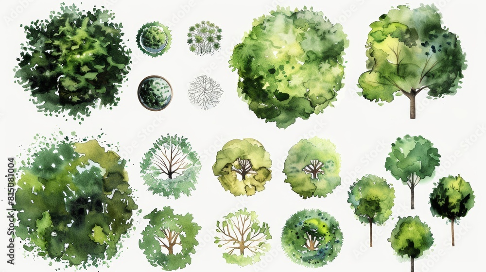 Poster watercolor trees for landscape planning and architecture generative ai