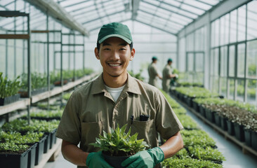 East Asian Gardener Thrives in Greenhouse. Happy Japanese Worker in Bright Plant Production Hall. 