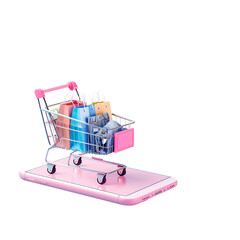 Colorful shopping bags in shopping trolley shopping cart toy decor with lots of pastel colored shopping bags on mobile phone isolated on blue background online Sale and shopping concept