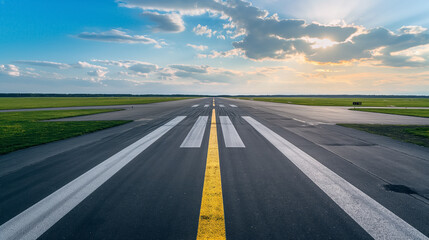 Empty airport runway extending towards the horizon under a partly cloudy sky, capturing the sense of anticipation and readiness for global travel.