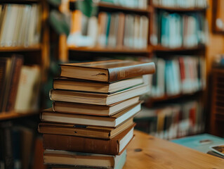 A stack of books on top of a wooden table.