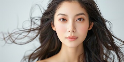 Fototapeta premium Young Asian Woman With Hair Blowing in the Wind