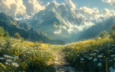 A beautiful road in the mountains, the human being walks, a beautiful road between the garden, green grass