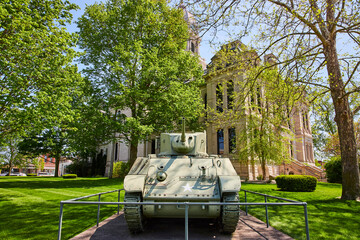 Vintage Military Tank and Historic Courthouse in Kosciusko County
