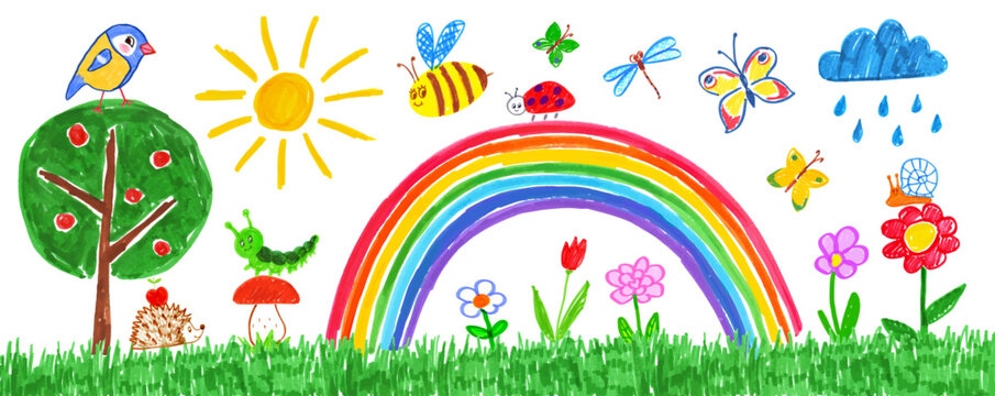 Felt pen hand drawn vector illustrations set of child drawing of summer landscape with flowers and trees