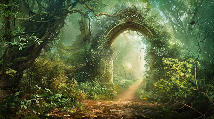 An enchanted forest with magical arches