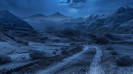 Night desert landscape with a small dirt road path leading to the distant mountain range. Rocky arid and barren terrain. Blue muted night hues. Premium pen tool cutout transparent background PNG.