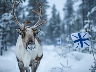 A portrait of a reindeer in Finnish Lapland with the Finnish flag in the snowy landscape
