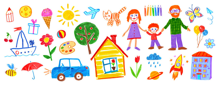 Felt pen hand drawn vector illustrations set of child drawings and doodles