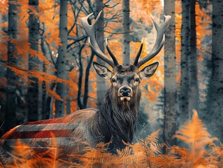 A portrait of a majestic stag in the German Black Forest with the German flag blending into the trees