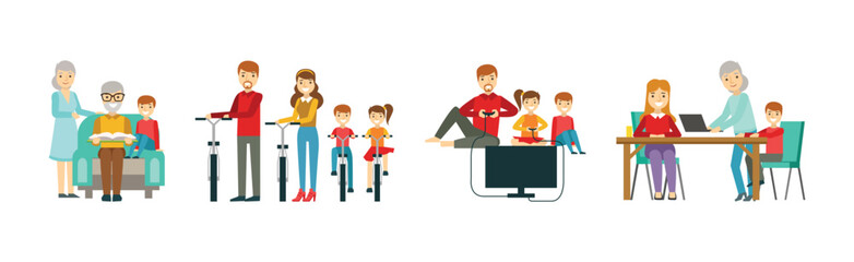 Parent with Kid Spending Happy Time Together Vector Set