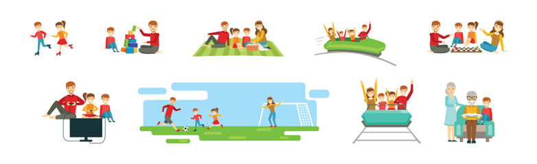 Fototapeta premium Parent with Kid Spending Happy Time Together Vector Set