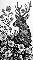 Deer With Flowers in Black and White