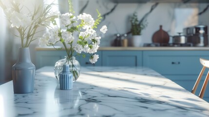 Fototapeta premium empty dining table with a beautiful vase and flowers on the background of a modern kitchen