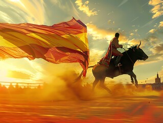 A vibrant image of a bullfight in Madrid with the Spanish flag forming a dramatic backdrop
