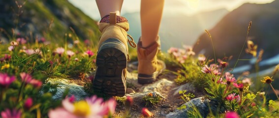 Close-up of a hiker's boots on a mountain trail with wildflowers in the background. Vacation...