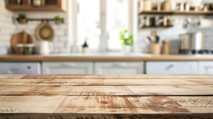 Empty wooden tabletop on blurred modern kitchen background.