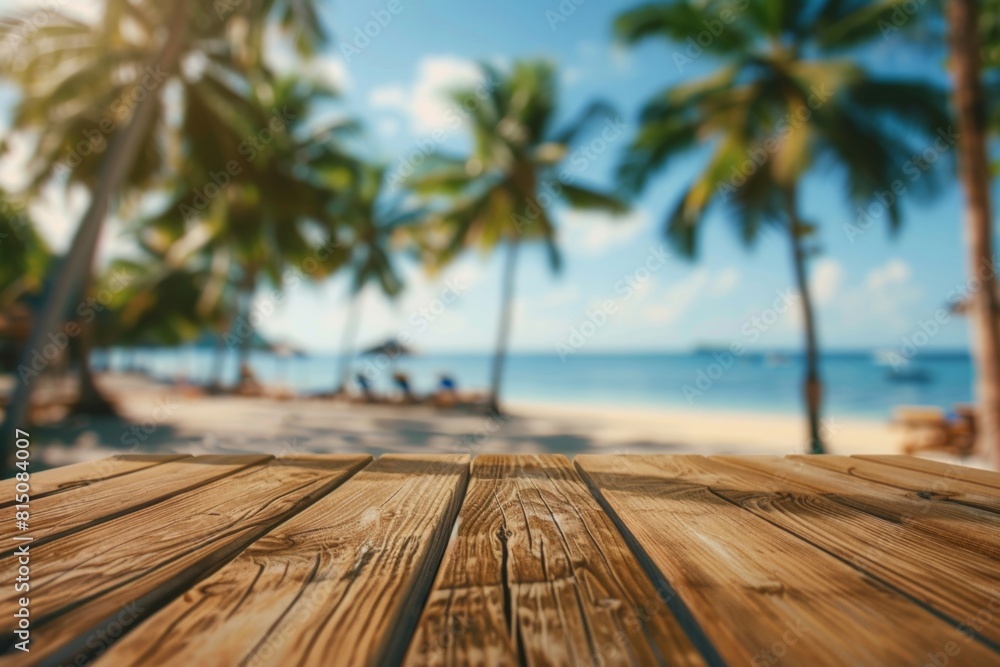 Poster empty wooden table top with blurred background of a tropical beach and palm trees for a summer vacat