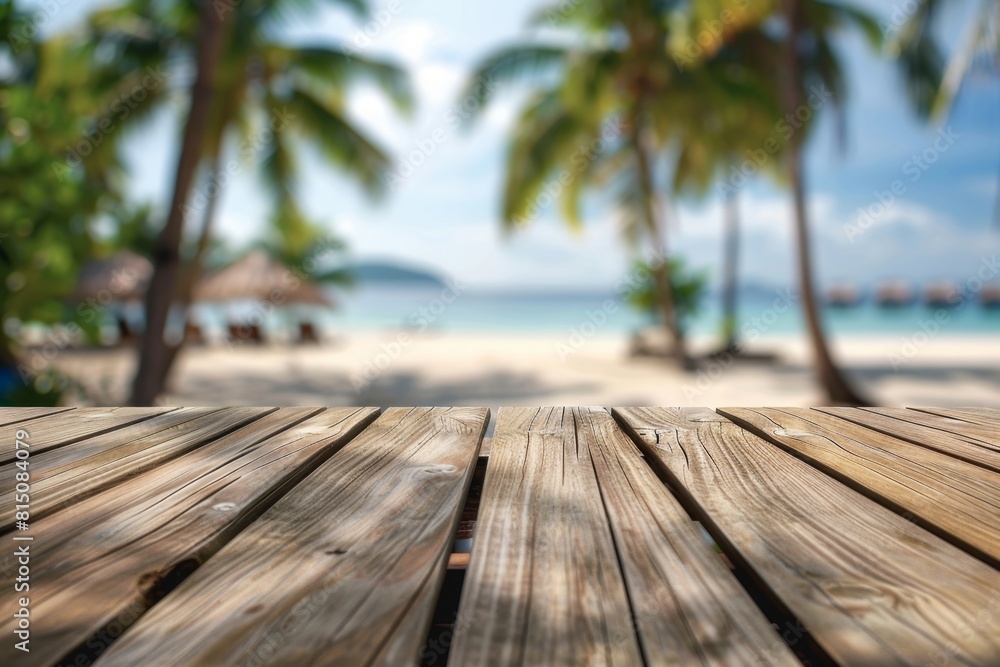 Aufkleber empty wooden table top with blurred beach and palm trees background for product display montage, sum