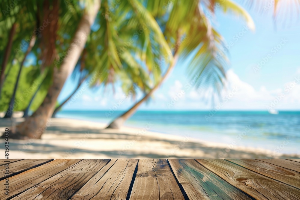 Aufkleber empty wooden table top with blurred beach and palm trees background for product display presentation
