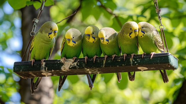 Six green and yellow parakeets perched on a swing in a lush, leafy environment, showcasing their vibrant colors and social behavior.