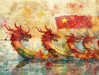A vibrant image of a dragon boat race in Beijing with the Chinese flag rippling in the background